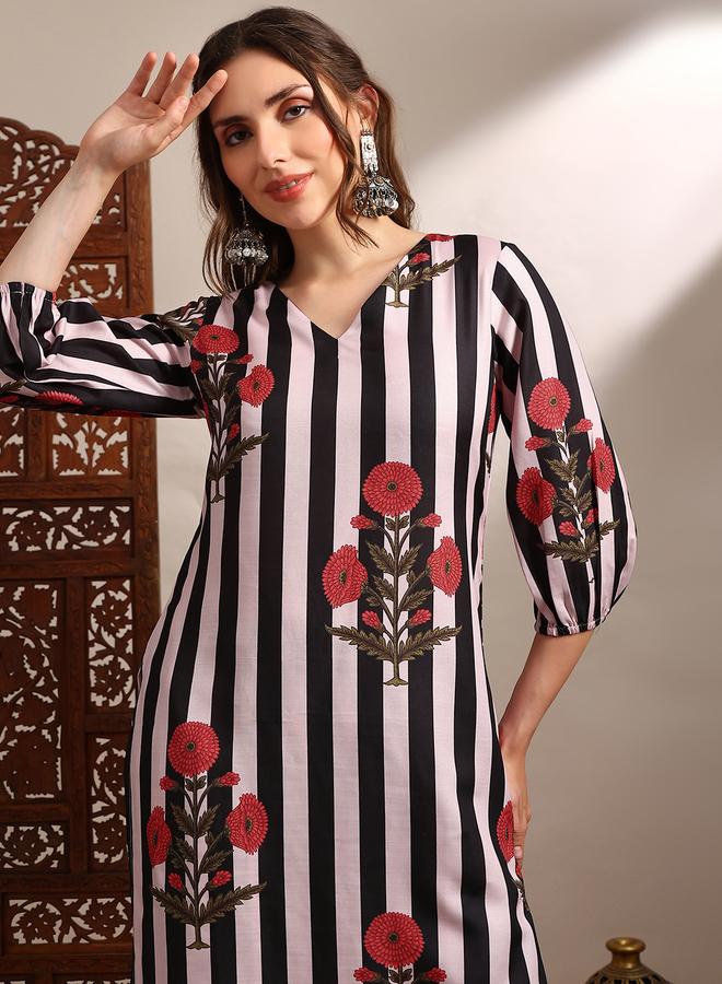 globus Women Black Floral Stripes Straight Kurta and Pant Set - Image 5